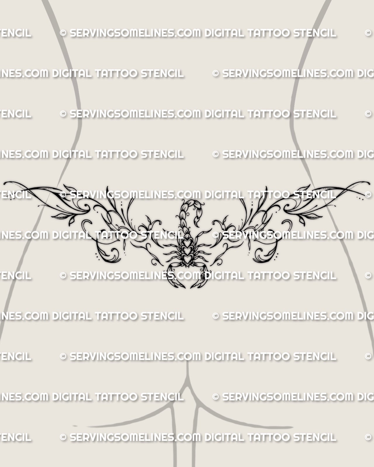 Scorpion lower back tattoo shown on womens waist placement, with a centered body, raised tail, open claws, and curved side linework.