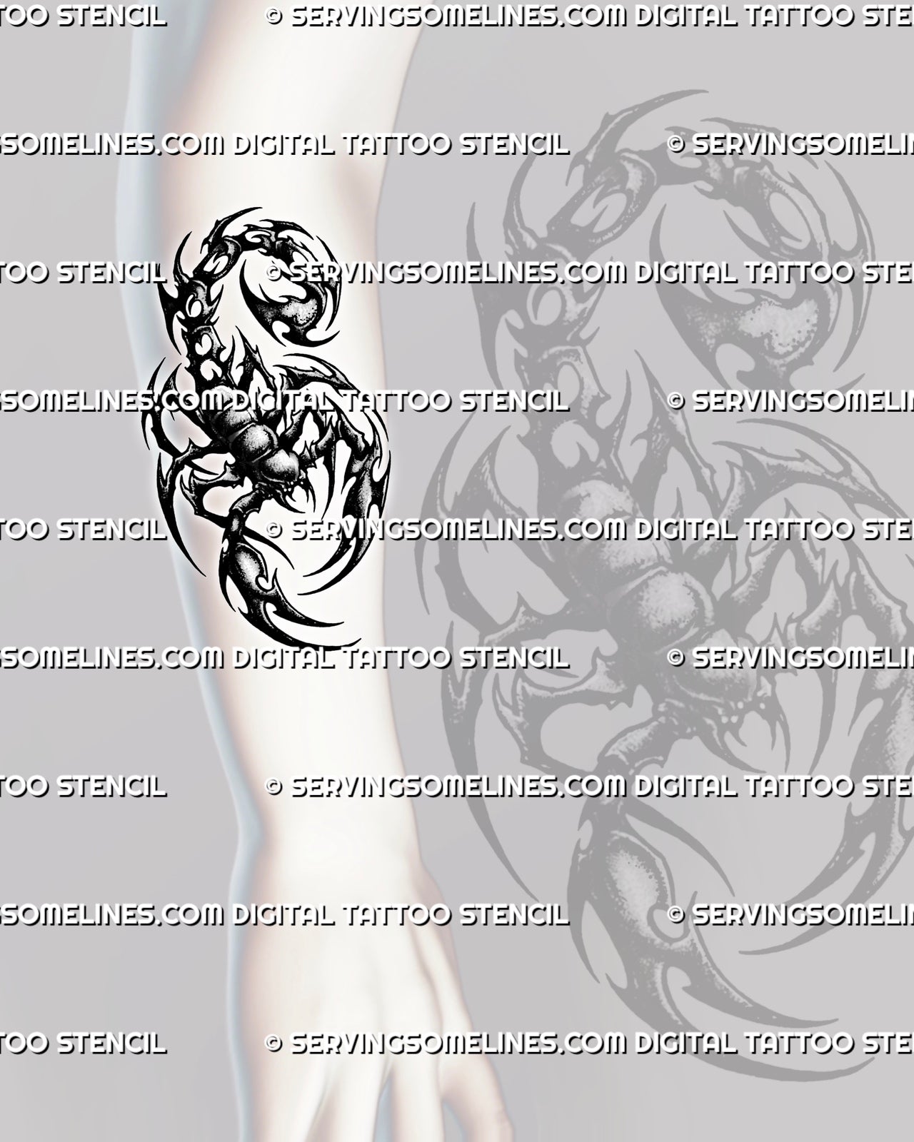 Scorpion tattoo stencil shown on forearm placement with visible claws, segmented body, hooked tail, and tribal styling.