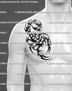 Scorpion tattoo tribal design displayed on men’s chest pec with a hooked stinger, raised claws, and strong black curves.