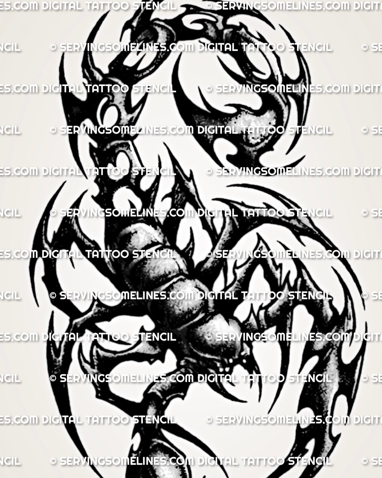 Scorpion tribal design with hooked stinger, open pincers, sharp side flares, and a modern tribal tattoo look