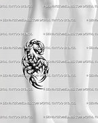Scorpion tribal tattoo stencil displayed on calf placement with bold black curves, sharp claws, and a raised tail.