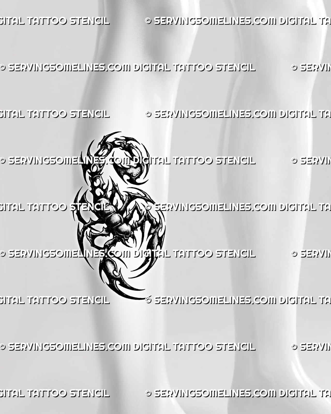 Scorpion tribal tattoo stencil displayed on calf placement with bold black curves, sharp claws, and a raised tail.