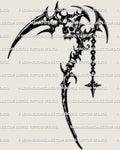 Scythe tattoo stencil download, cyber sigil style outline with small skull accent, PNG JPG PDF for stencil printing. 
