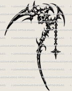 Scythe tattoo stencil download, cyber sigil style outline with small skull accent, PNG JPG PDF for stencil printing. 
