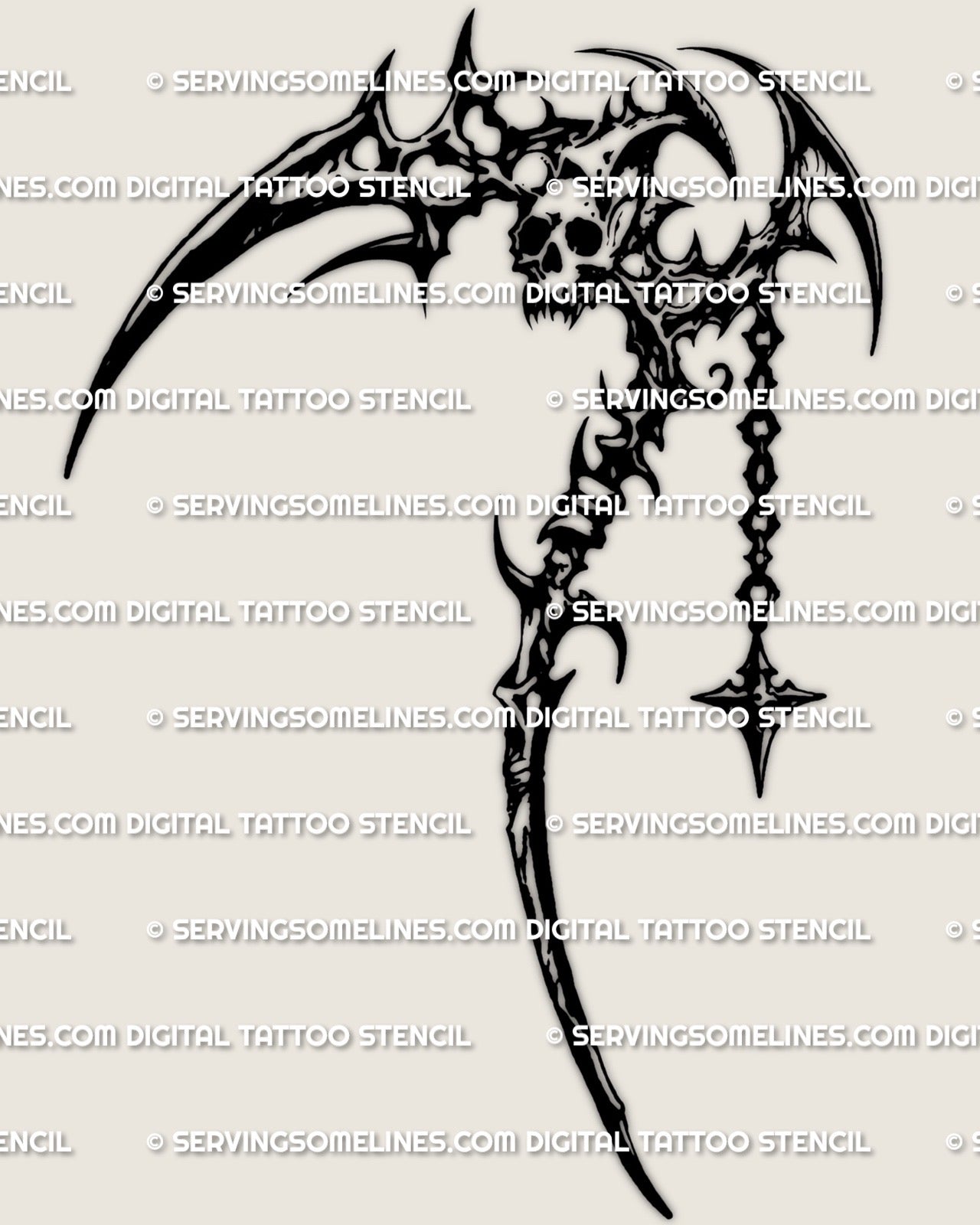 Scythe tattoo stencil download, cyber sigil style outline with small skull accent, PNG JPG PDF for stencil printing. 