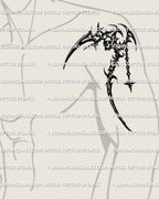 Mens upper arm scythe tattoo stencil placement, reaper scythe stencil outline with subtle skull detail, PNG JPG PDF. 