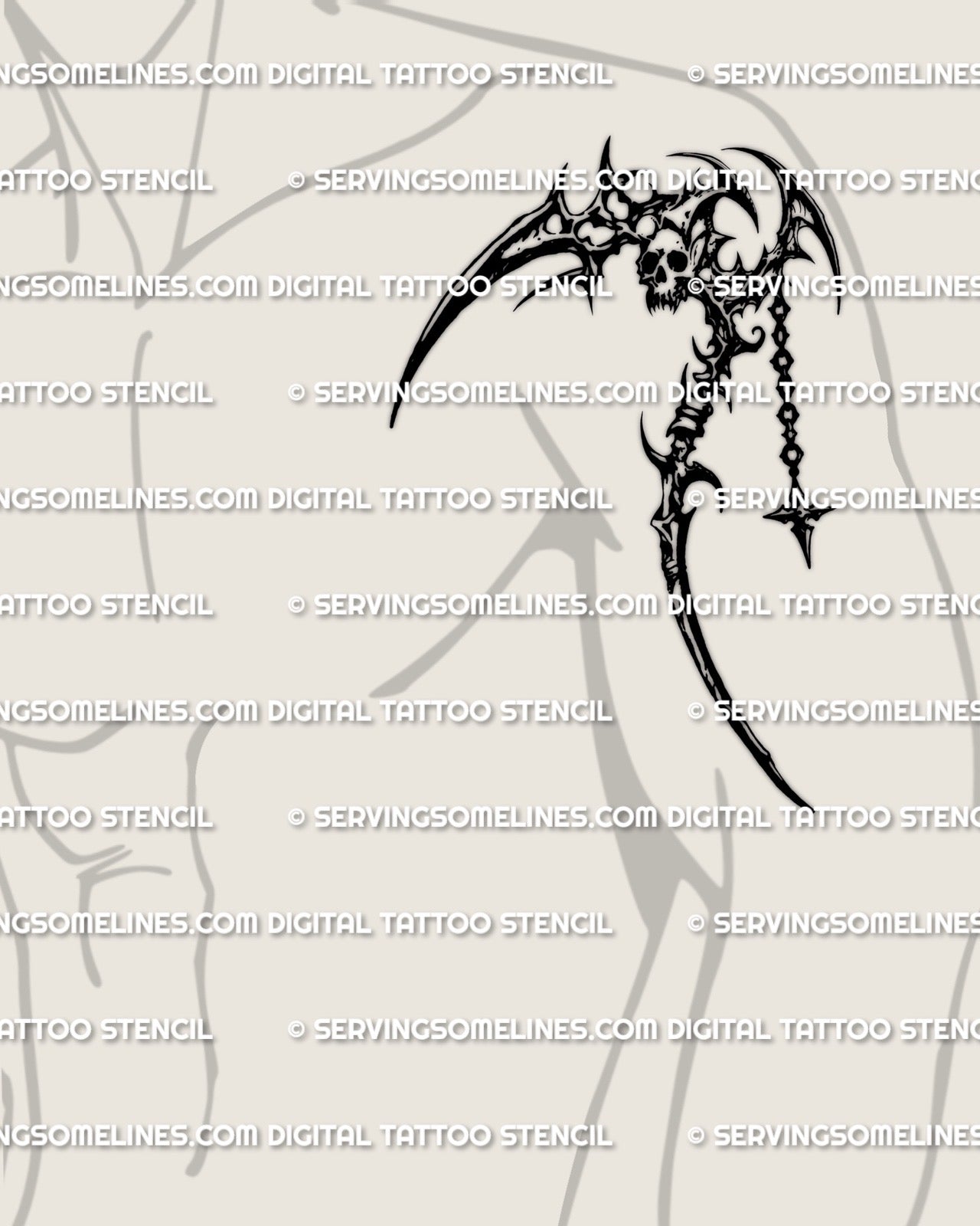Mens upper arm scythe tattoo stencil placement, reaper scythe stencil outline with subtle skull detail, PNG JPG PDF. 