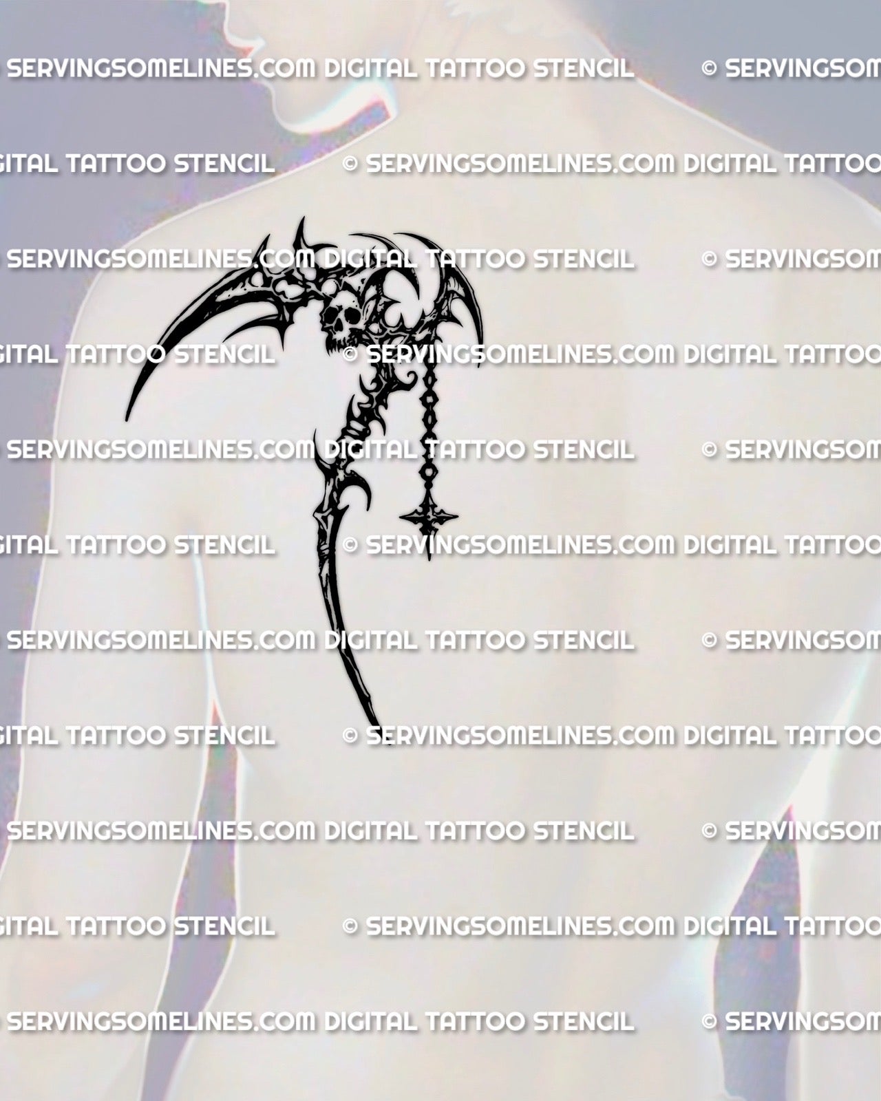 Scythe tattoo stencil on mens upper back shoulder placement example, cyber linework scythe outline, instant download files. 