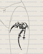 Scythe tattoo stencil on womens thigh placement preview, sharp scythe silhouette with cyber linework, printable download. 