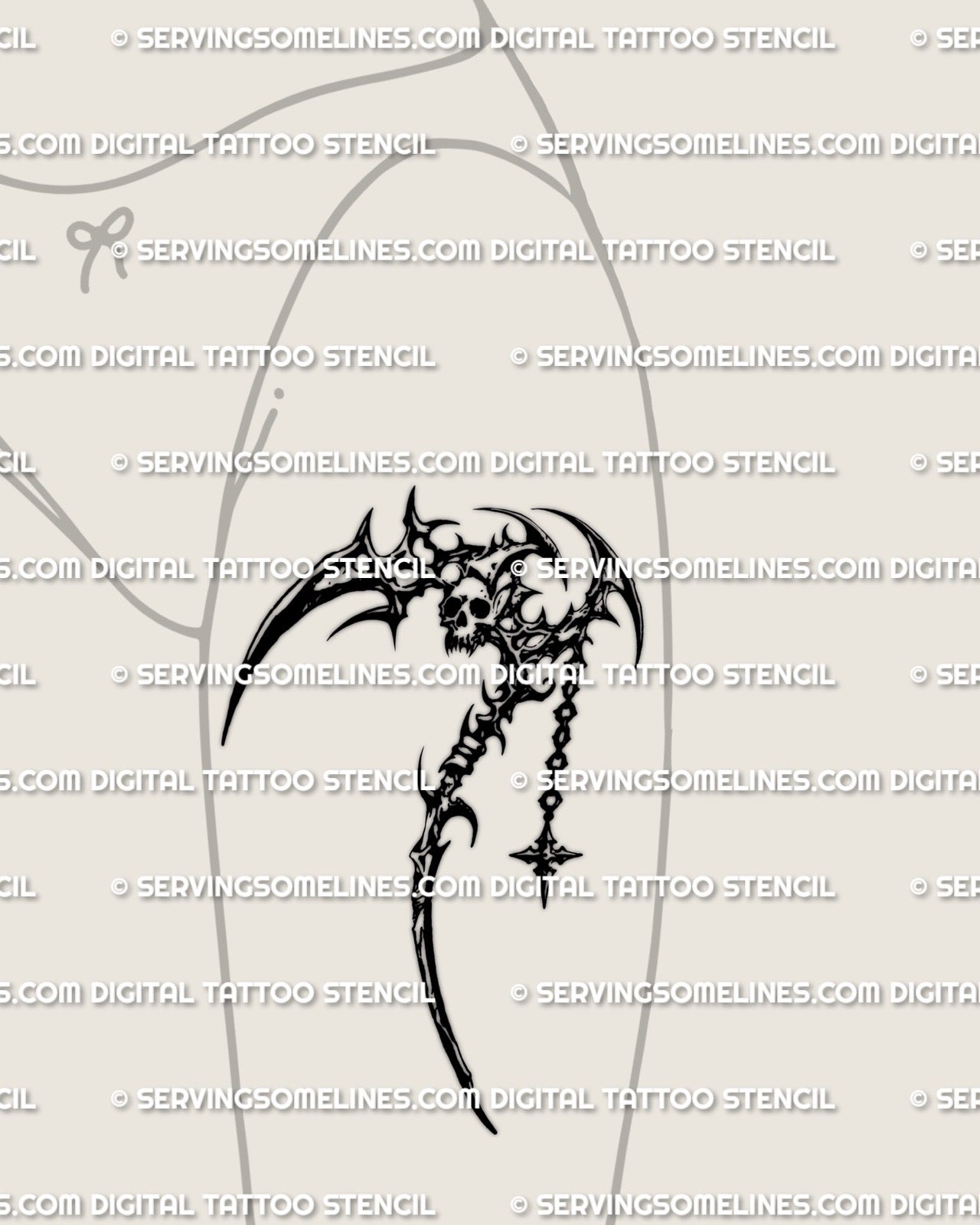 Scythe tattoo stencil on womens thigh placement preview, sharp scythe silhouette with cyber linework, printable download. 