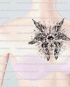 Seraphim angel tattoo stencil shown flowing from chest center toward neck placement for women, all seeing eye tattoo design prepared as a printable stencil
