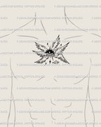 Seraphim angel tattoo centered on male chest, symmetrical angel eye with wings. Spiritual protection tattoo stencil with divine strength and cyber gothic edge.