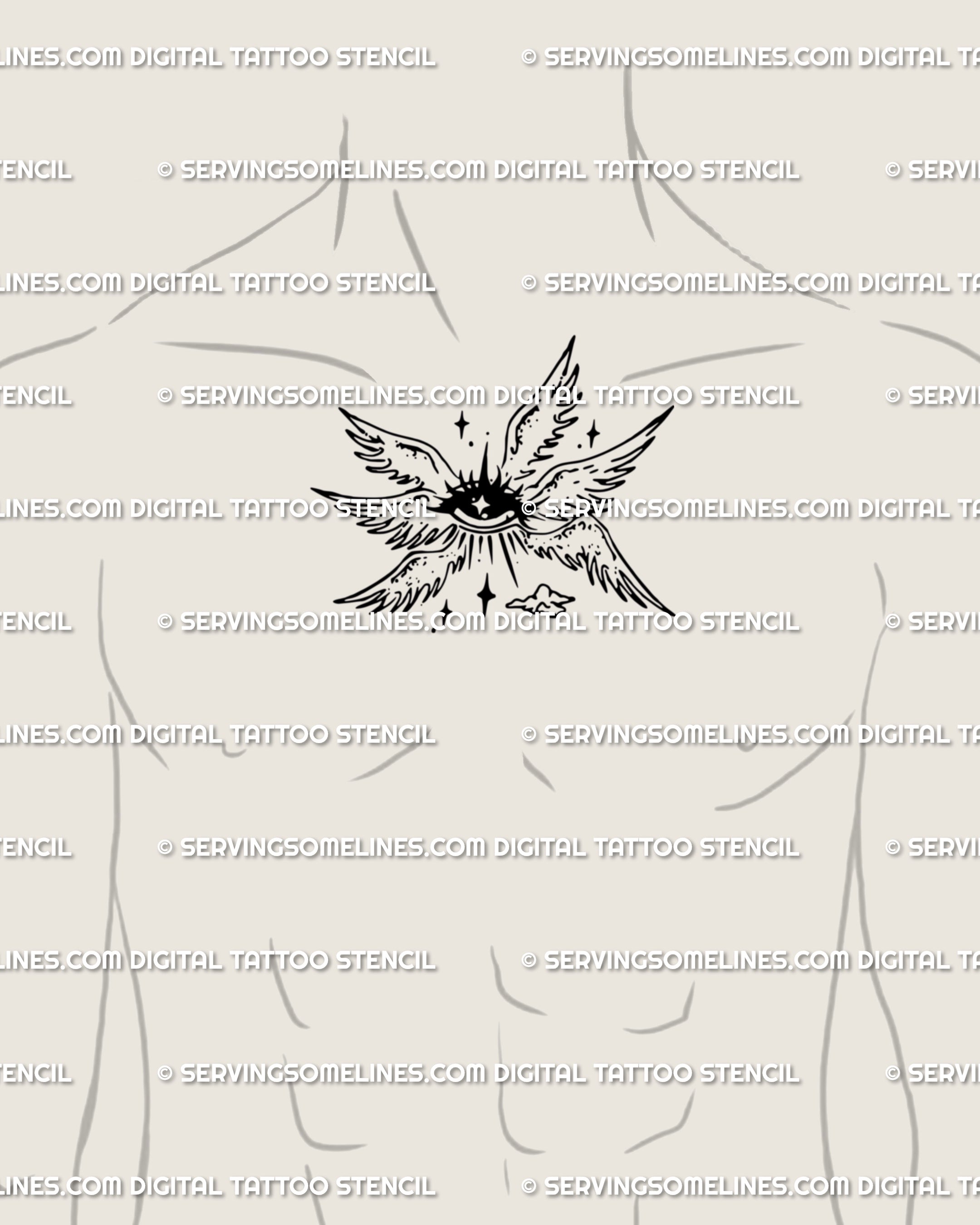Seraphim angel tattoo centered on male chest, symmetrical angel eye with wings. Spiritual protection tattoo stencil with divine strength and cyber gothic edge.
