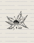 Seraphim angel eye tattoo stencil with six wings, a biblically accurate angelcore design. Minimalist celestial eye line art, spiritual protection tattoo idea.