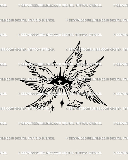 Seraphim angel eye tattoo stencil with six wings, a biblically accurate angelcore design. Minimalist celestial eye line art, spiritual protection tattoo idea.