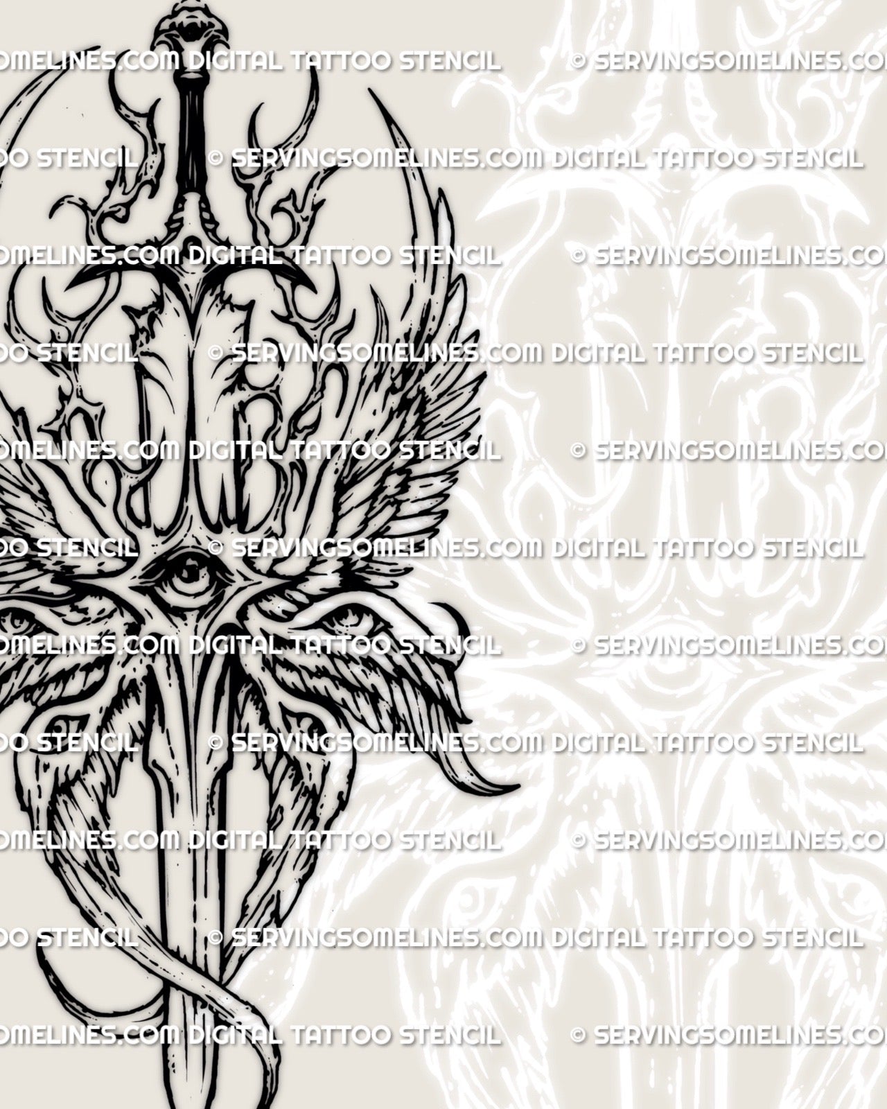 Seraphim angel tattoo stencil with eyes on wings suited for back chest spine or thigh placement, delivered as a digital tattoo file
