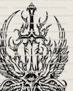 Seraphim angel tattoo stencil with eyes on wings using etched linework and subtle sigil inspired movement as a downloadable design