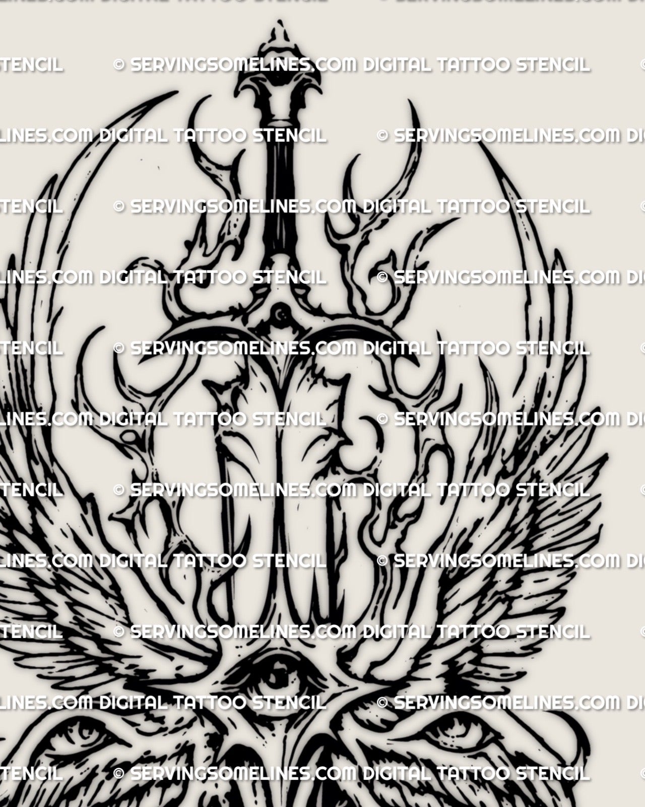 Seraphim angel tattoo stencil with eyes on wings using etched linework and subtle sigil inspired movement as a downloadable design