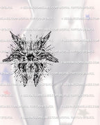 Seraphim angel tattoo stencil adapted for feminine hip placement with all seeing eye symbolism, clean blackwork line tattoo design delivered as a printable stencil
