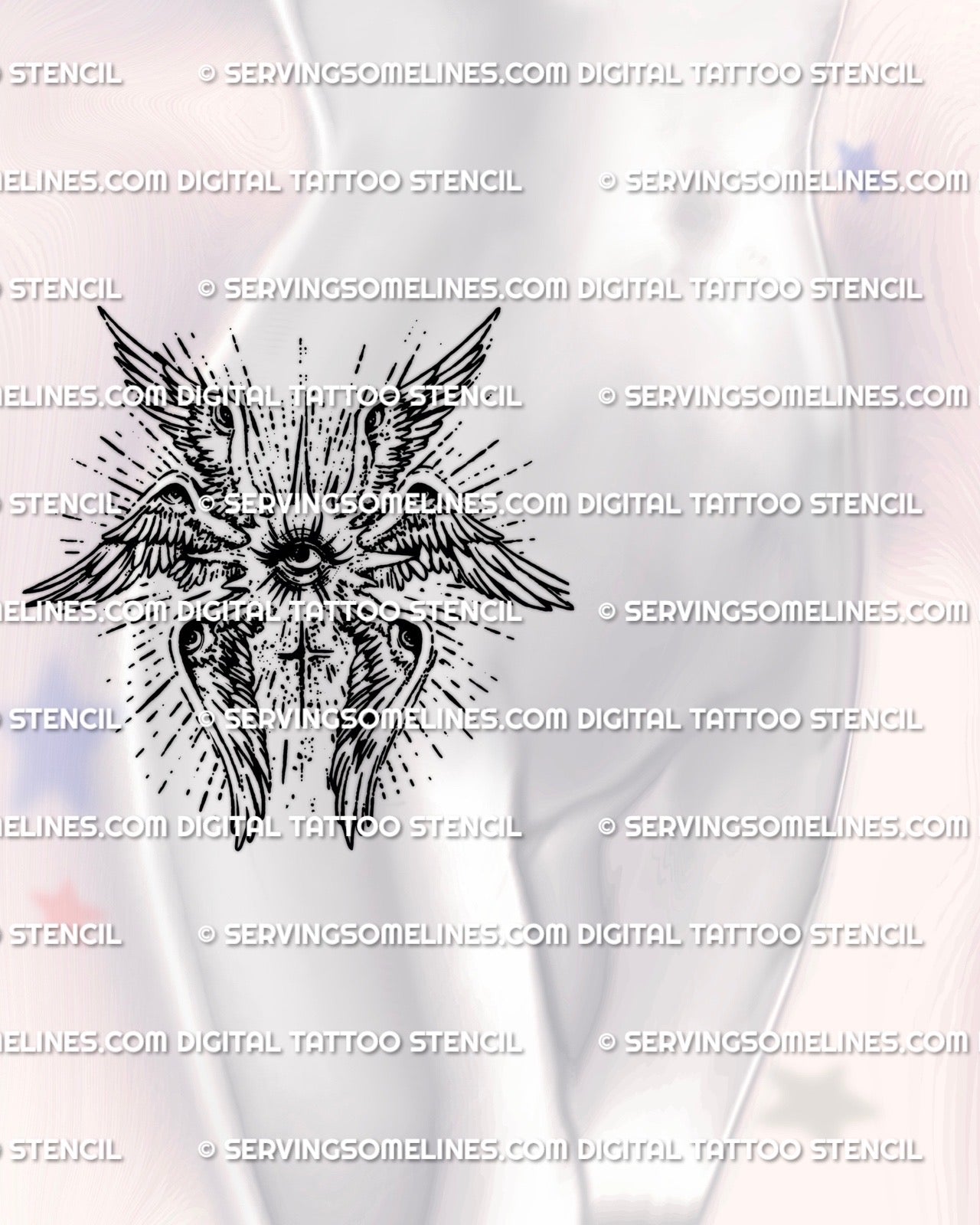 Seraphim angel tattoo stencil adapted for feminine hip placement with all seeing eye symbolism, clean blackwork line tattoo design delivered as a printable stencil
