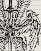 Seraphim angel sword tattoo stencil featuring six wings and a watchful eye, gothic fine line angel design displayed as a clean vertical tattoo composition