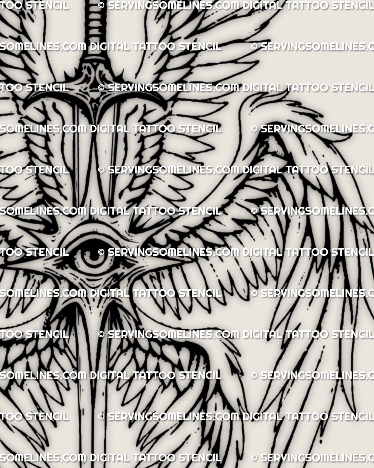 Seraphim angel sword tattoo stencil featuring six wings and a watchful eye, gothic fine line angel design displayed as a clean vertical tattoo composition