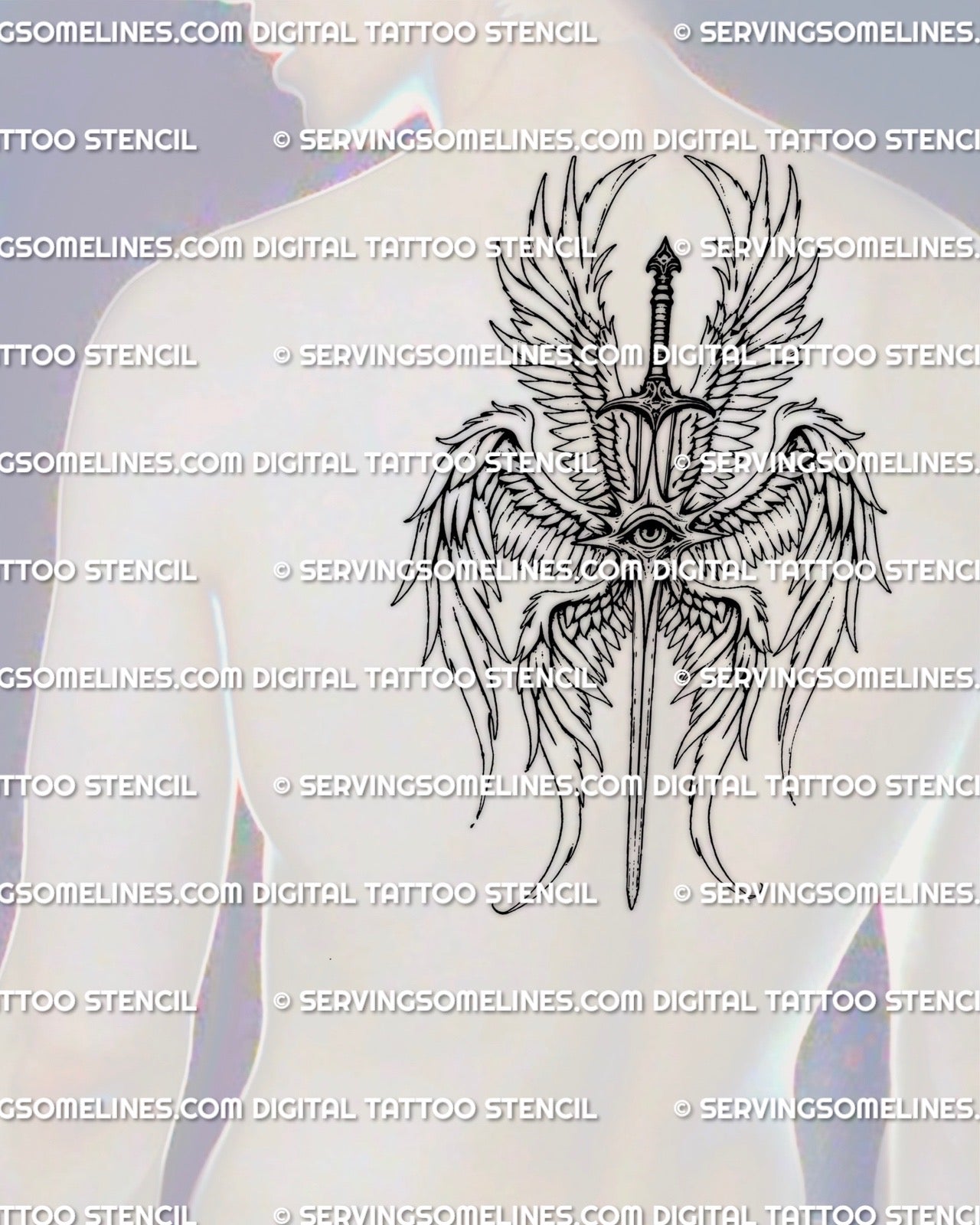 Digital tattoo stencil of Seraphim angel displayed on men’s upper back placement, large scale gothic angel sword design with wide wing spread and strong presence