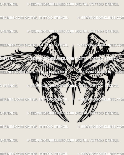 Seraphim angel tattoo stencil featuring an all seeing eye, digital tattoo template created for professional tattoo use
