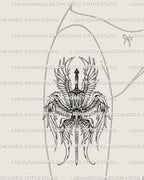 Seraphim angel tattoo displayed on women’s hip placement, gothic angel sword tattoo design with flowing wings and balanced vertical layout