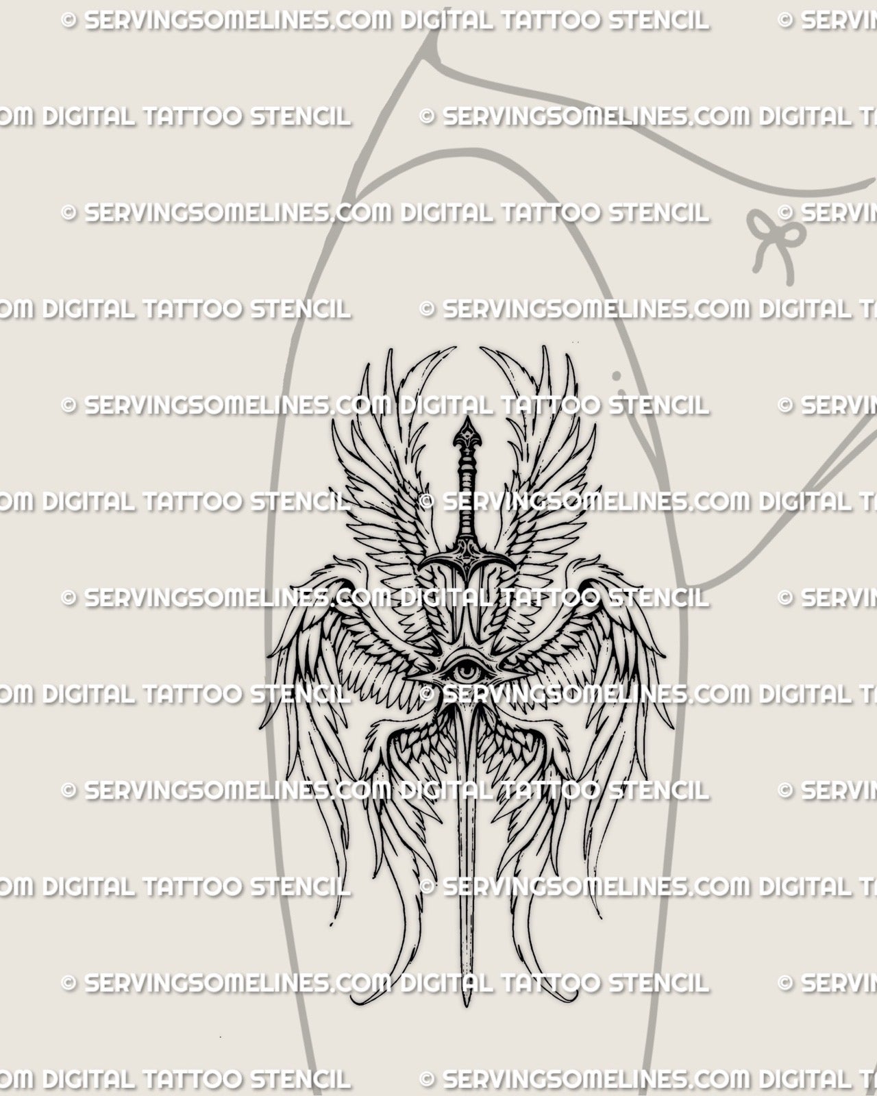 Seraphim angel tattoo displayed on women’s hip placement, gothic angel sword tattoo design with flowing wings and balanced vertical layout