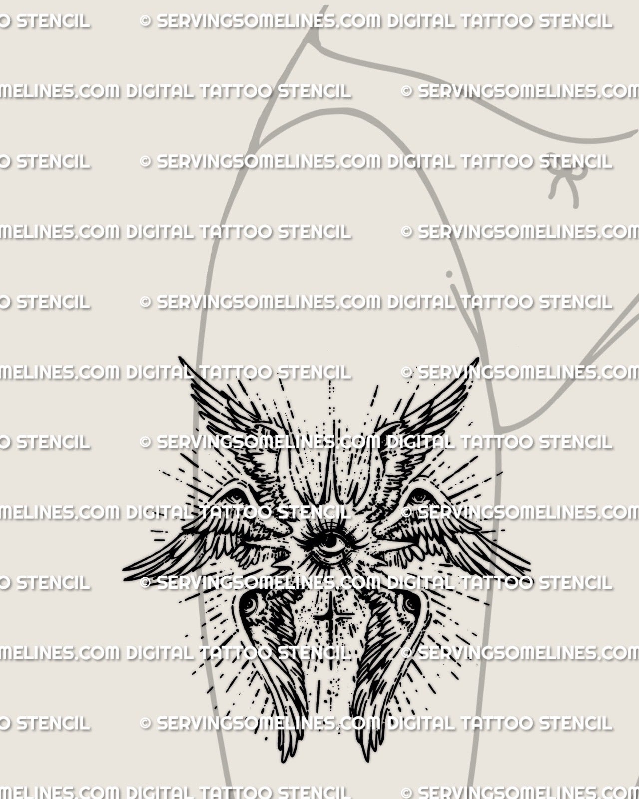 Seraphim angel thigh tattoo stencil for women with all seeing eye and wing symbolism, blackwork tattoo design delivered as a printable digital stencil
