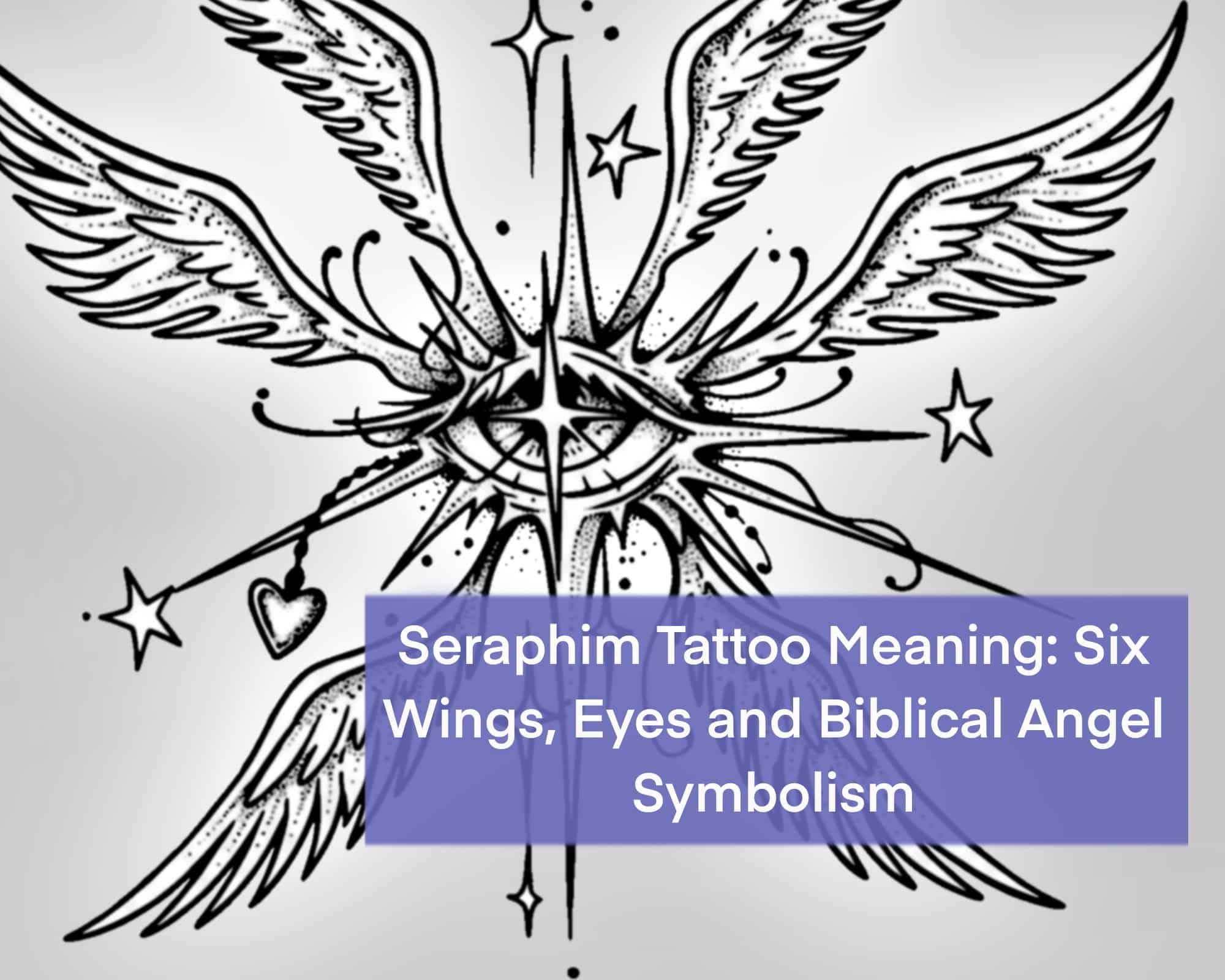 Seraphim tattoo meaning blog cover with six-wing angel design, central eye detail, and biblical angel symbolism text overlay