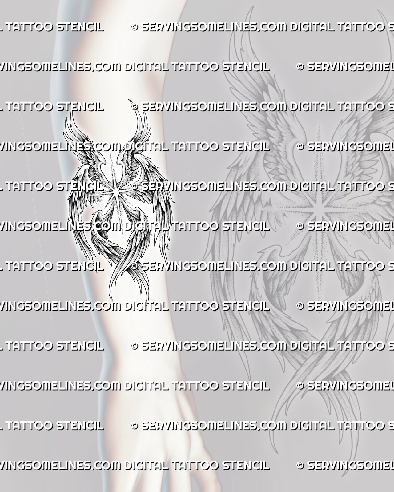 Seraphim wing tattoo stencil shown on forearm placement with vertical feather flow and sacred radiant detail