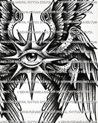 Close-up of seraphim winged eye tattoo design with small eye details, dark feathers, and printable stencil lines