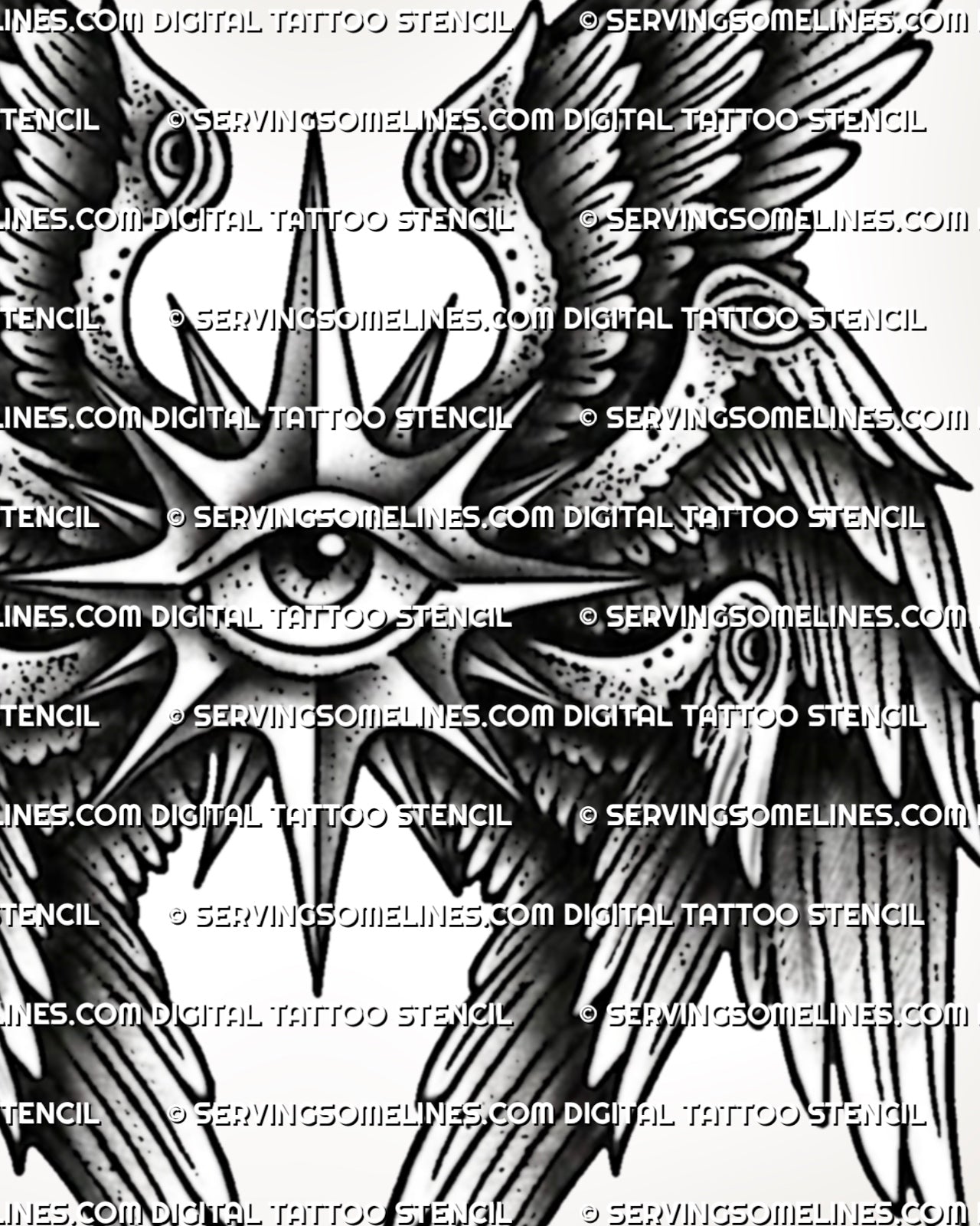 Close-up of seraphim winged eye tattoo design with small eye details, dark feathers, and printable stencil lines
