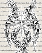 Seraphim wings tattoo stencil design with six angel wings, radiant center detail, and black feather shading
