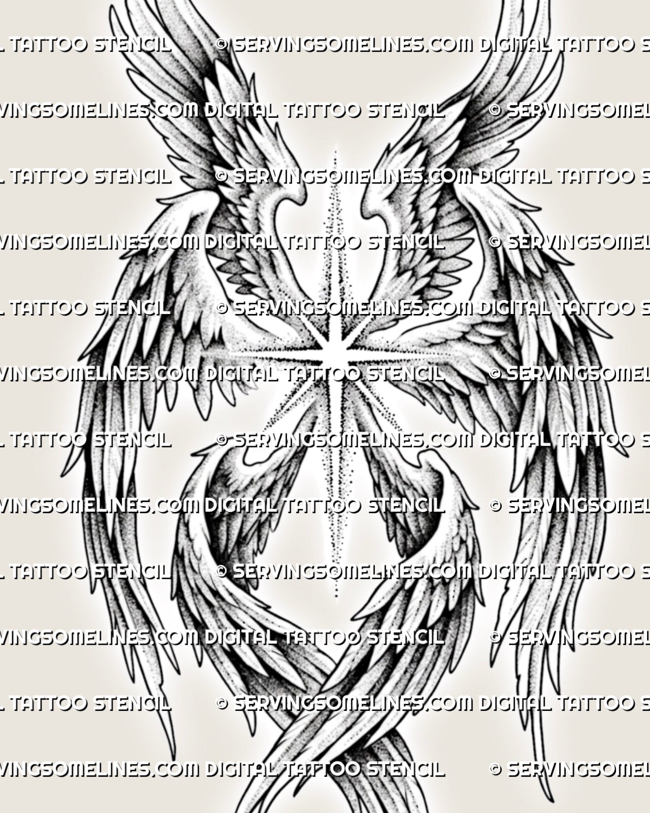 Seraphim wings tattoo stencil design with six angel wings, radiant center detail, and black feather shading