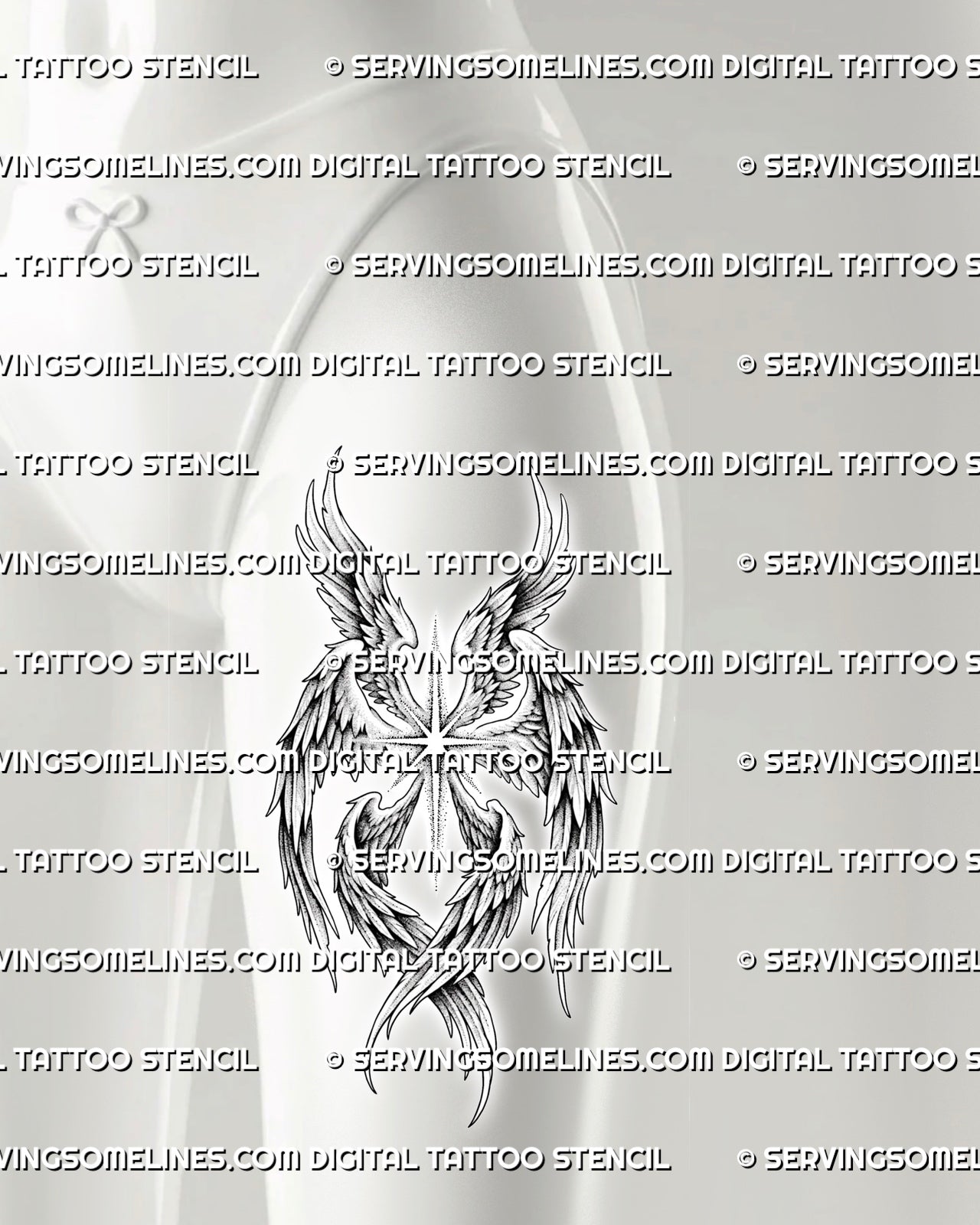 Seraphim wings tattoo displayed on women’s front thigh placement with long feather flow and radiant center