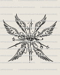 Seraphim angel tattoo stencil in gothic line art with wings and ornamental detail, a sacred design blending faith, symbolism, and edge.