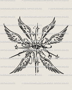 Seraphim angel tattoo stencil in gothic line art, with wings and ornamental detail. A sacred seraph tattoo design blending faith and edge.