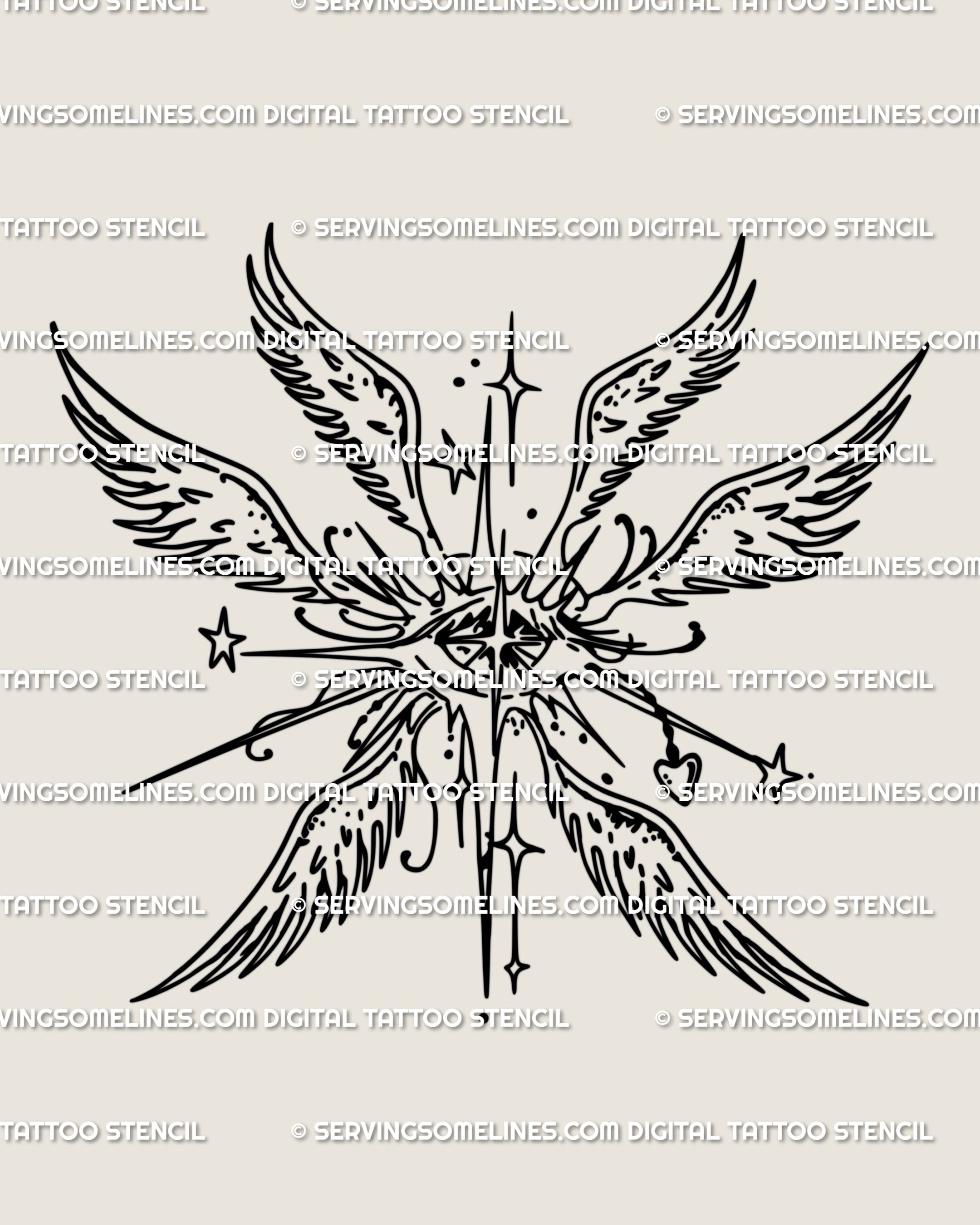 Seraphim angel tattoo stencil in gothic line art, with wings and ornamental detail. A sacred seraph tattoo design blending faith and edge.