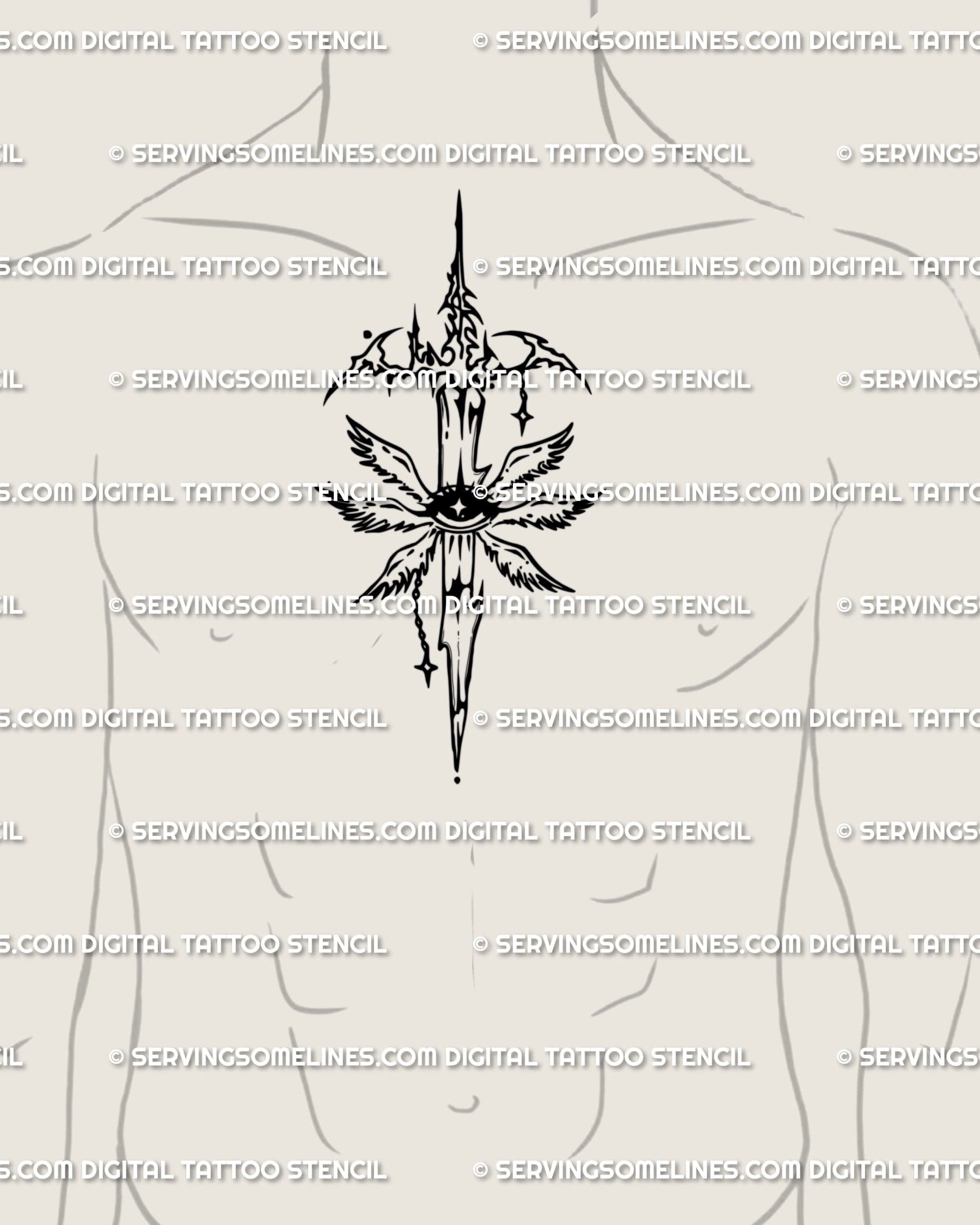 Seraphim sword tattoo design at male chest center, cybertribal angel tattoo with celestial eye and gothic wings symbolizing divine protection.