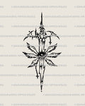 Seraphim sword tattoo stencil in cybertribal angelcore line art, angel wings tattoo design blending celestial eye and spiritual protection.