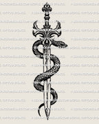Serpent sword tattoo design, snake wrapped around sword blade, gothic linework stencil file preview.