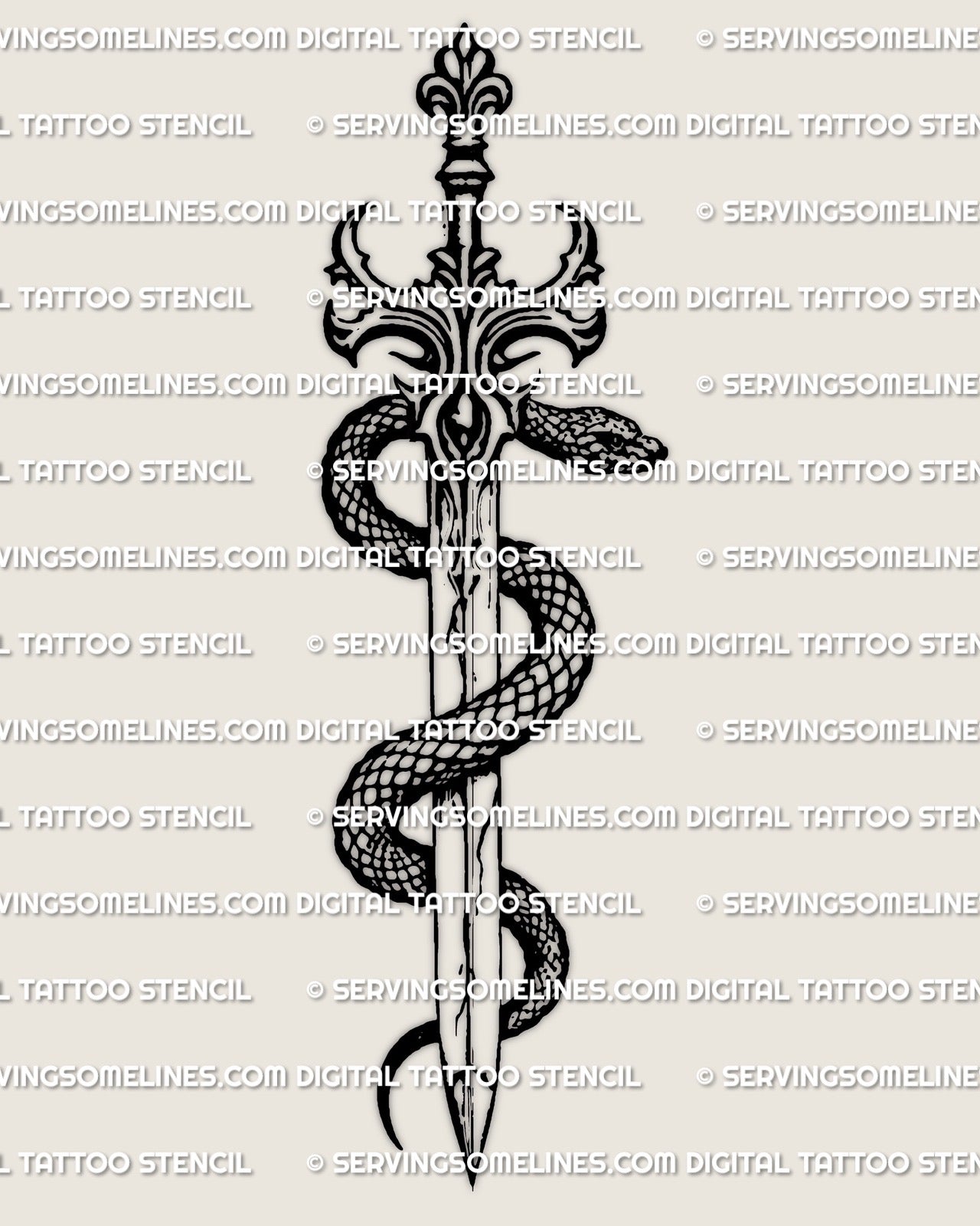 Serpent sword tattoo design, snake wrapped around sword blade, gothic linework stencil file preview.