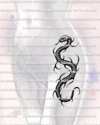 Serpent tattoo stencil shown on womens hip placement example, coiled snake stencil with edgy spiked fins, digital download design