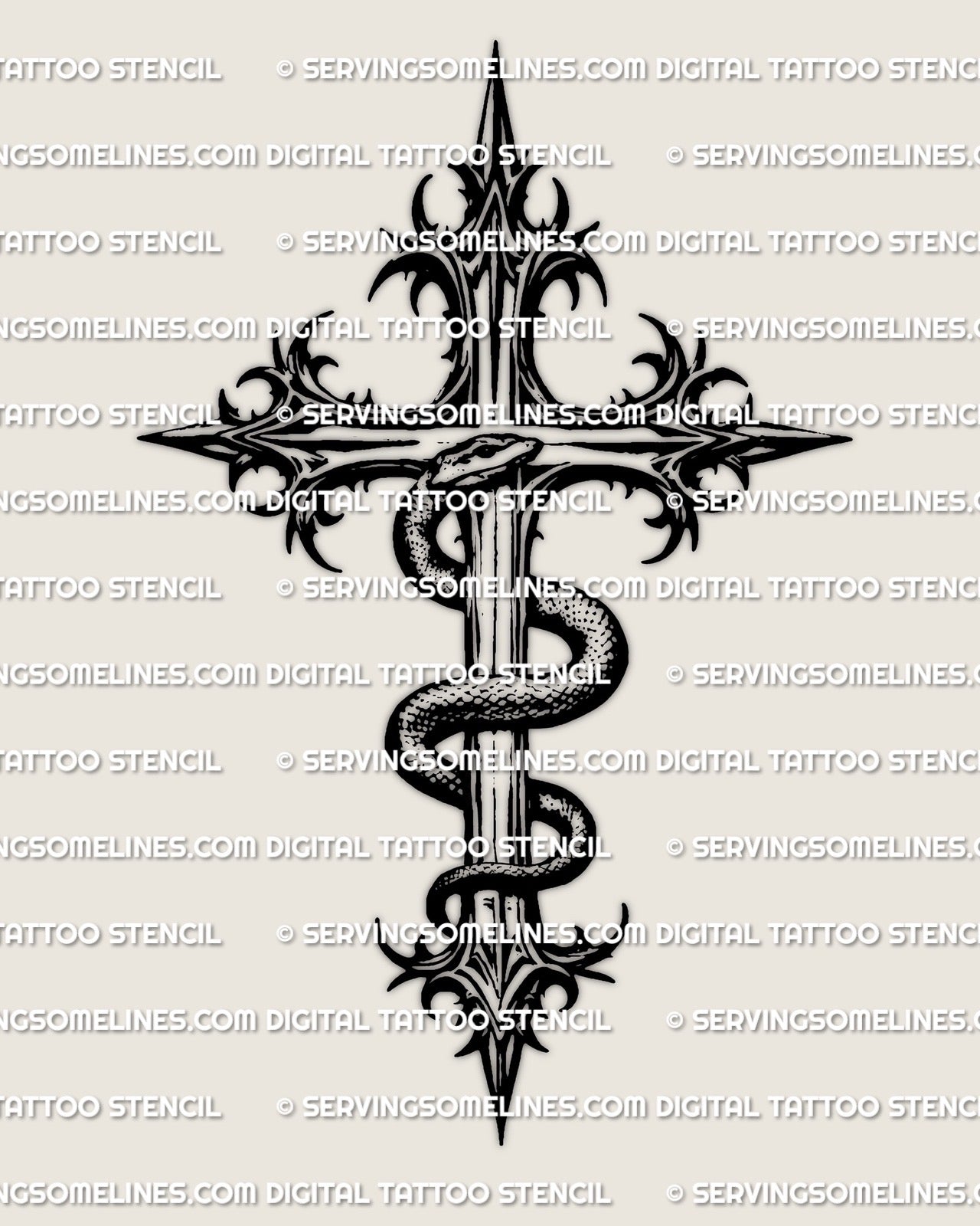 Snake Wrapped Cross Tattoo Stencil | Gothic Serpent Cross