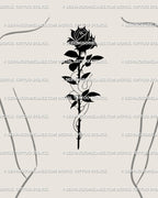 Serpent and rose tattoo design along spine and upper back, dark neotribal rose art symbolizing calm confidence and control.