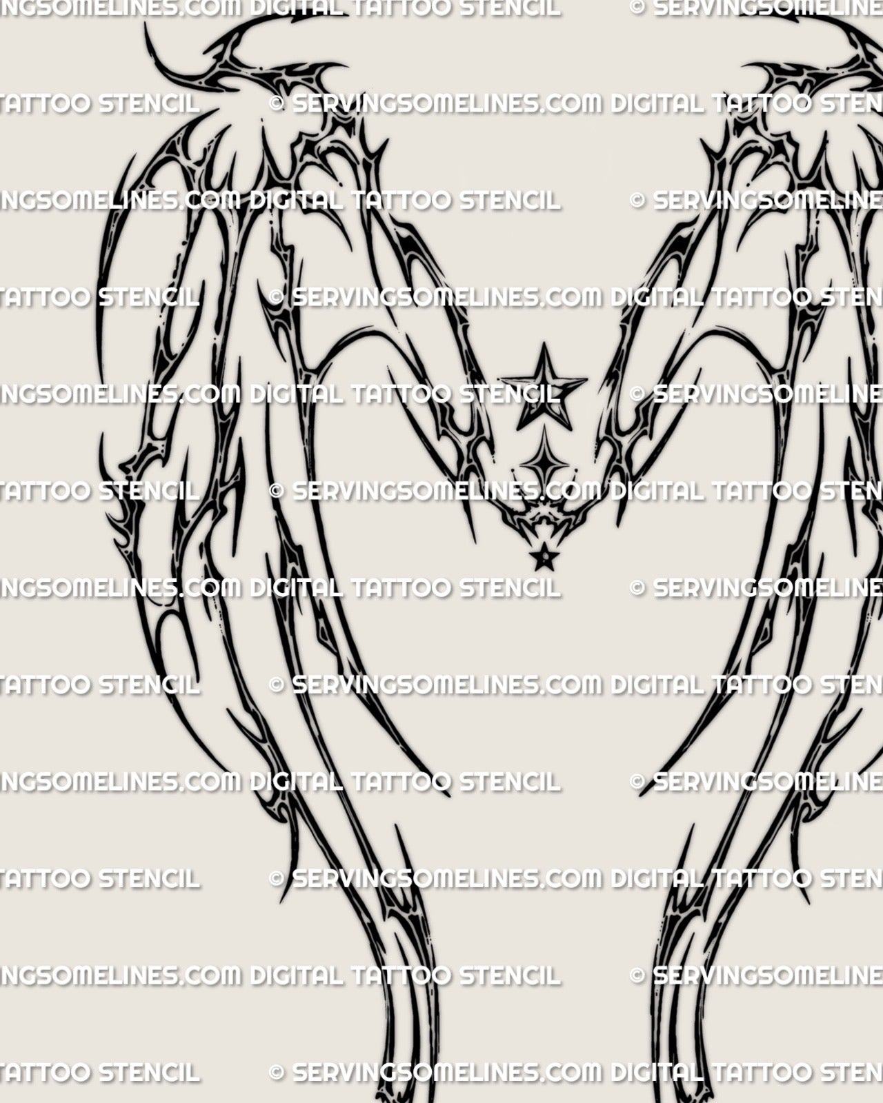 Cyber wings lineart stencil with sharp neotribal edges and central star, symmetrical design made for upper back tattoo placement