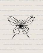 Minimal shattered glass butterfly tattoo stencil with cracked wing details, fine-line digital design symbolizing strength and renewal through fragility